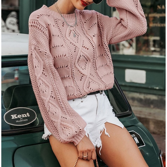 Pink Pointelle Knit Bishop Sleeve Sweater - Picture 3 of 5